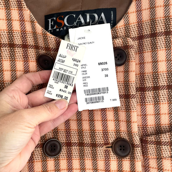 𝅺NWT ESCADA 80"S VINTAGE MARGARETHA LEY ORANGE WOOL CHECK BLAZER - Picture 7 of 8